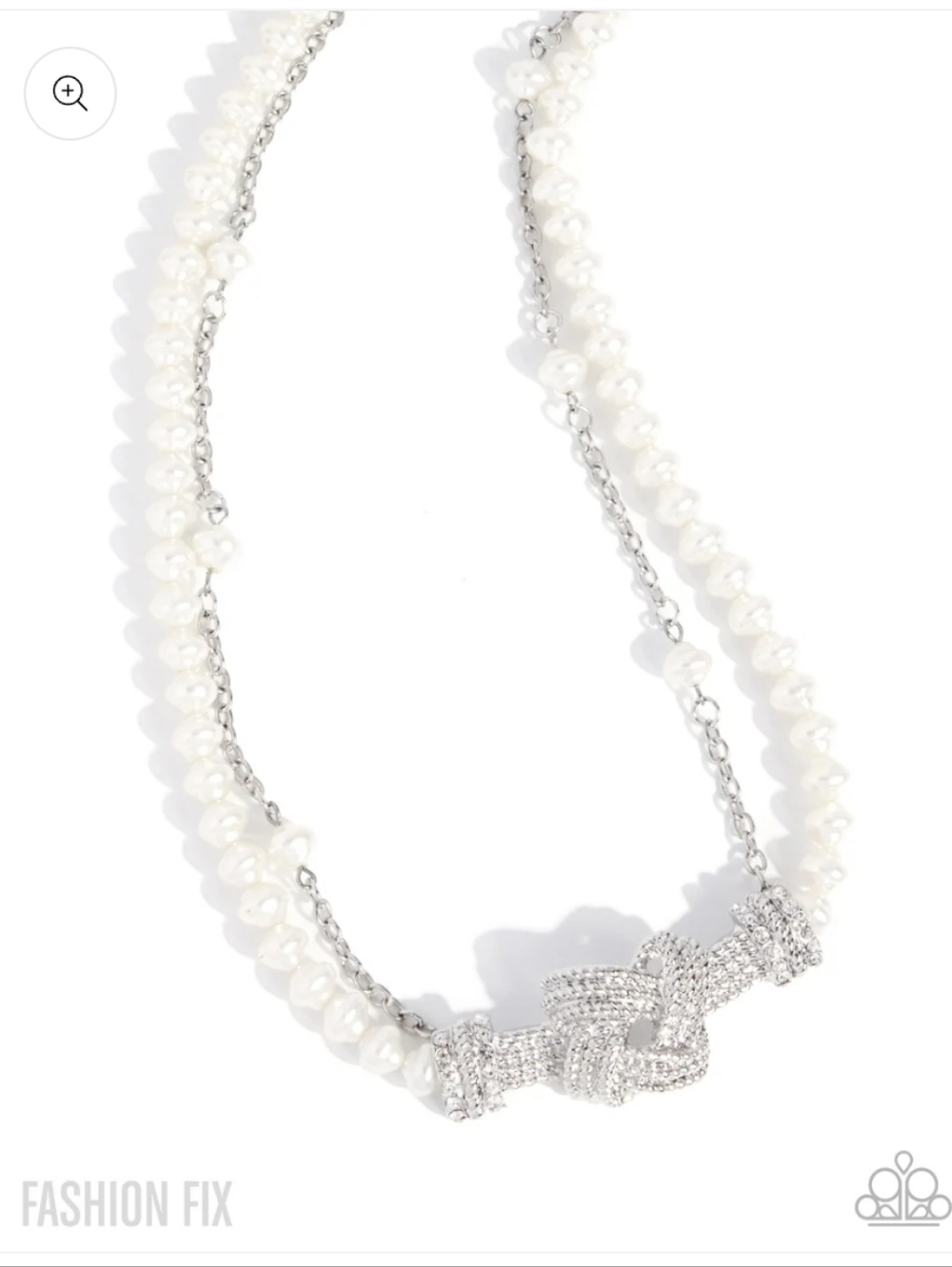 Select Sass Paparazzi White Pearl and Silver Knot Necklace